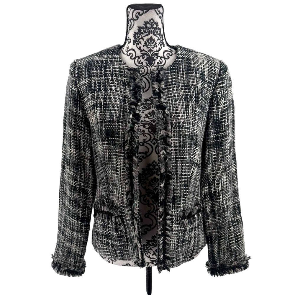 Spenser Jeremy Black White Tweed Open Front Blazer Fringe Trim Classic Jacket, 8